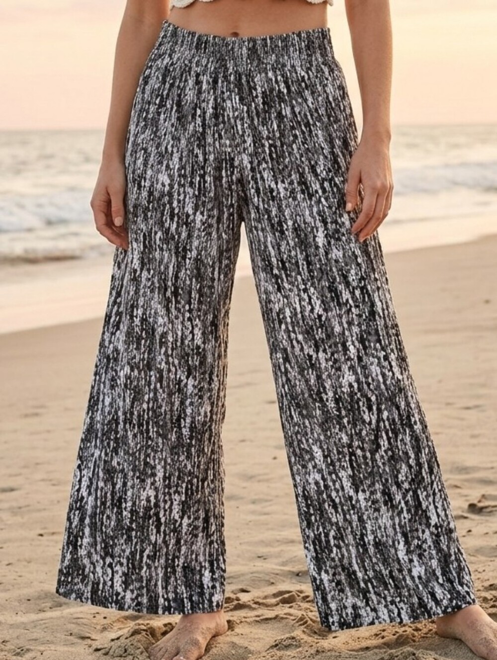 High Rise Wide Leg Flowy Printed Palazzo Pants Black White Boho Elastic Waist Lg